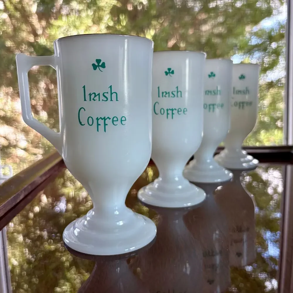 Vintage Irish Coffee Milk Glass Mugs Set of 4 Gold Rim, St. Patrick's Day